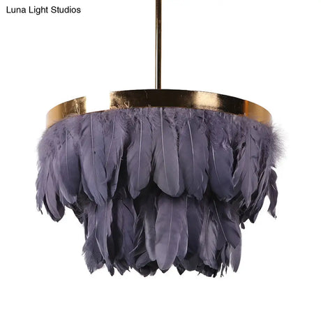 Nordic Feather Tiered Chandelier - 16/19.5 W 3 Bulbs Grey/White/Red Pendant Light For Bedroom
