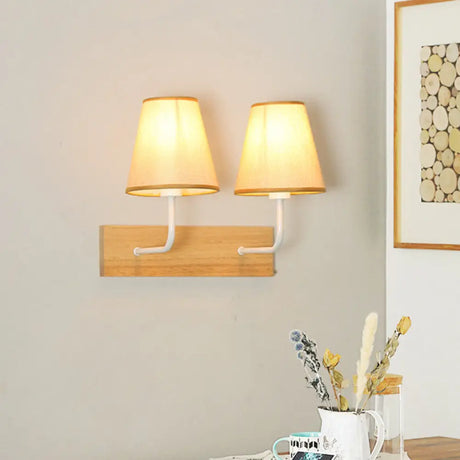 Nordic Flaxen Cone Shade Wall Mounted Light With Wood Backplate - 2 Bulbs Sconce Fixture