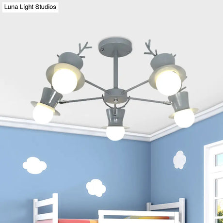 Nordic Grey/Black 5/8-Head Rotatable Chandelier Light With Antler Cap Iron Shade