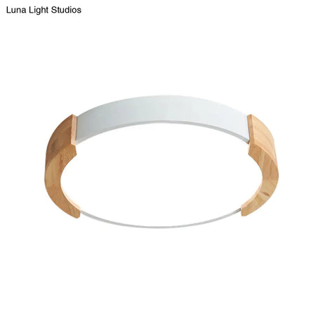 Nordic Grey/White/Green Round Flush Light With Wood Side Guard - Ceiling Mounted Fixture For Bedroom