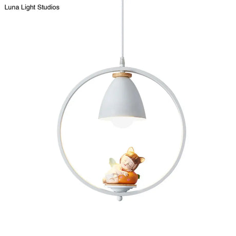 Nordic Hanging Light Kit - 1 Head Iron Bell And Ring Pendant Lamp White Finish With Whimsical
