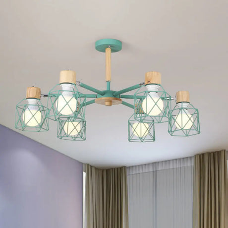 Nordic Iron Cage Semi - Flush Lamp With 3/6/8 - Head Black/Green/Gold Pendant Lighting For Ceiling