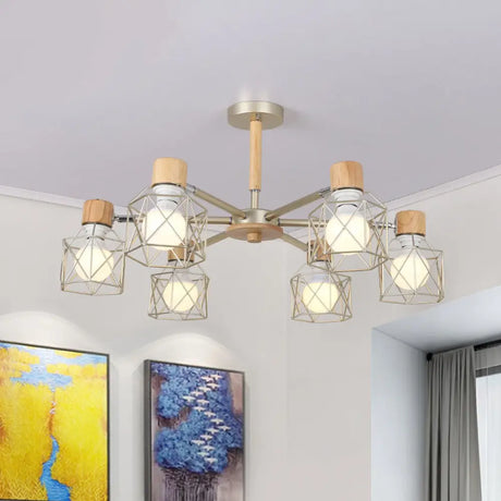 Nordic Iron Cage Semi - Flush Lamp With 3/6/8 - Head Black/Green/Gold Pendant Lighting For Ceiling