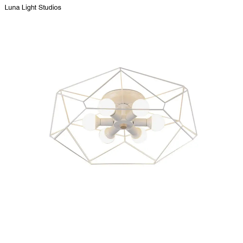 Nordic Iron Flush Mount Ceiling Light With Hexagon Cage | White| 3/6 Bare Bulb - Lit Fixtures