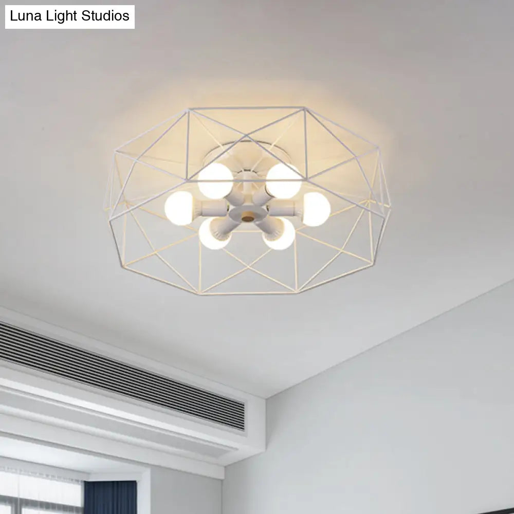 Nordic Iron Flush Mount Ceiling Light With Hexagon Cage | White| 3/6 Bare Bulb - Lit Fixtures