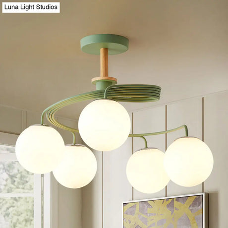 Nordic Iron Swirl Flush Chandelier With 5 Bulbs Grey/Green Semi Ceiling Light Featuring Orb Glass