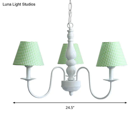 Nordic Kids Chandelier - Restaurant Plaid Fabric Suspension Light With 3 Bulbs