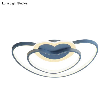 Nordic Led Ceiling Flush Light With Dual Loving Heart Frame In White Pink Or Blue Acrylic Shade