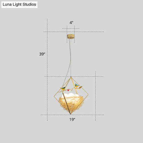 Nordic Metal 3-Light Birds Nest Chandelier - Beige Hanging Light With Rhombus Frame And Egg Shade