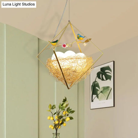 Nordic Metal 3-Light Birds Nest Chandelier - Beige Hanging Light With Rhombus Frame And Egg Shade