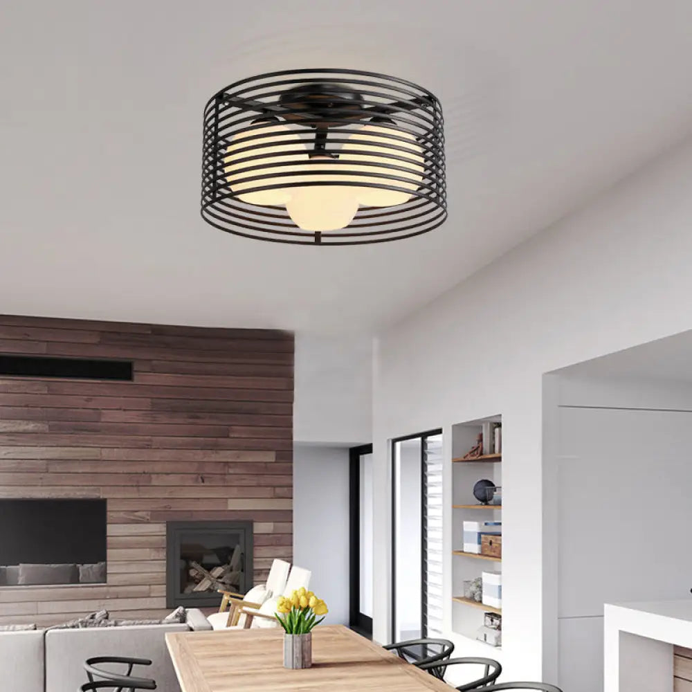 Nordic Metal 3 - Light Semi Flush Mount Lamp With Round Iron Cage For Bedroom Ceiling - Black/White