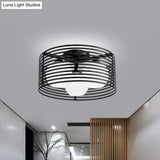 Nordic Metal 3 - Light Semi Flush Mount Lamp With Round Iron Cage For Bedroom Ceiling - Black/White
