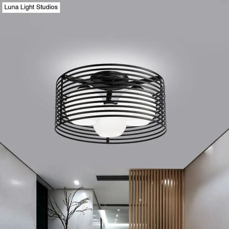 Nordic Metal 3 - Light Semi Flush Mount Lamp With Round Iron Cage For Bedroom Ceiling - Black/White