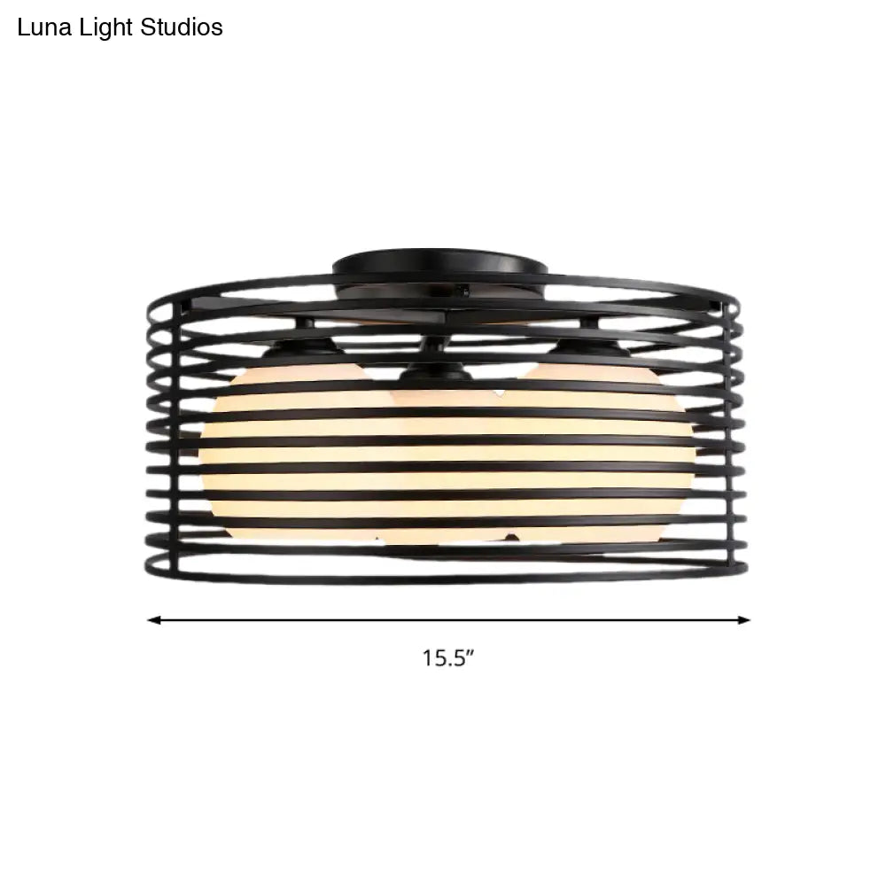 Nordic Metal 3 - Light Semi Flush Mount Lamp With Round Iron Cage For Bedroom Ceiling - Black/White