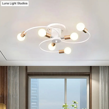 Nordic Metal Gold/Black Swirl Semi Flush Mount Ceiling Light - 6 Lights For Living Room