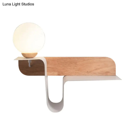 Nordic Opal Frosted Glass Sconce: Orb 1 Bulb Wall Mounted Lamp With White-Wood Shelf (Left/Right)