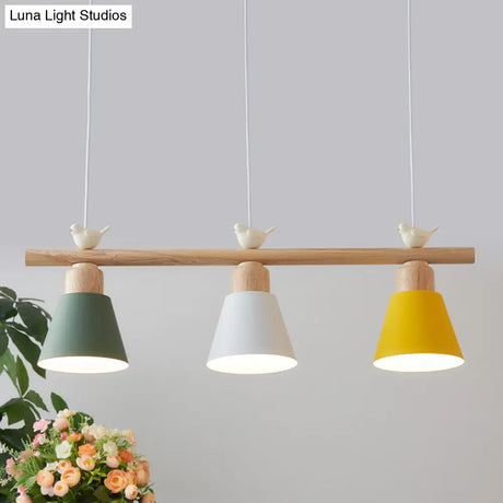 Nordic Shaded Hanging Island Light Metal Pendant With Bird Decor - 3-Head Dining Room Drop
