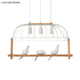 Nordic Style 3-Light Island Pendant With Elongated White Iron Cage And Bird Stand