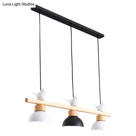 Nordic Style 3-Light Wood Bowl Pendant With Metal Shades For Island Lighting