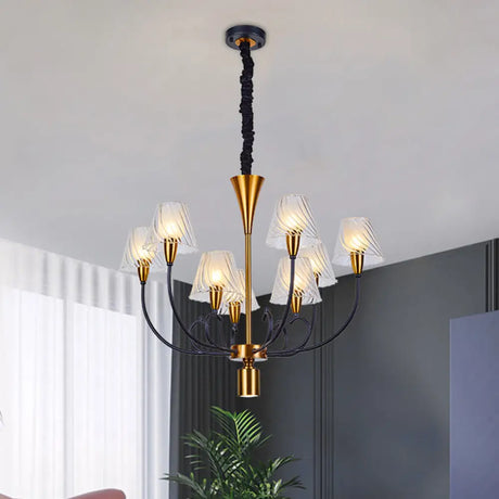 Nordic Style 9-Light Black-Gold Conical Suspension Lamp With Clear Ribbed Glass