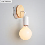 Nordic Style Bare Bulb Wall Sconce - Metal & Wood Bedroom Lamp (1 Light White)