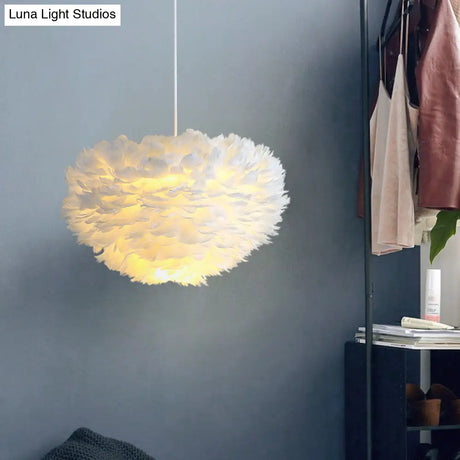 Nordic Style Bedroom Suspension Light Fixture With Feather Dome Pendant Shade