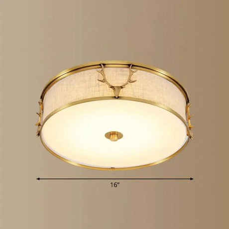 Nordic Style Ceiling Flush Light With Decorative Antler Design For Foyer - Fabric Drum Brass / 16’