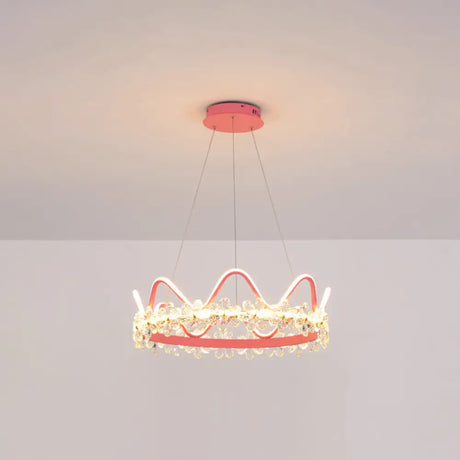 Nordic Style Crystal Pendant Light With 1 Suspended Crown For Living Room Pink / 25 Warm