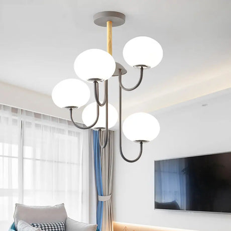Nordic Style Gray/Green Chandelier Light Fixture With Dome White Glass Shade - 3/5 Lights Living