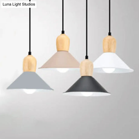 Nordic Style Metal Cone Pendant Light With Wooden Bulb Base For Office - 1 Head Hanging