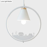 Nordic Style Pendant Lamp With Iron Cone Shade & Paper Cutting Decoration- Black/White 1 Bulb