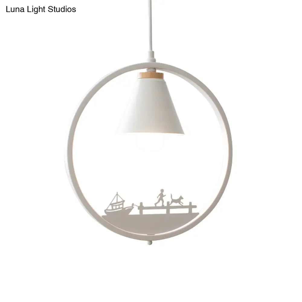 Nordic Style Pendant Lamp With Iron Cone Shade & Paper Cutting Decoration- Black/White 1 Bulb