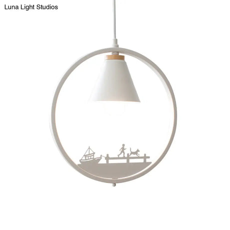Nordic Style Pendant Lamp With Iron Cone Shade & Paper Cutting Decoration- Black/White 1 Bulb