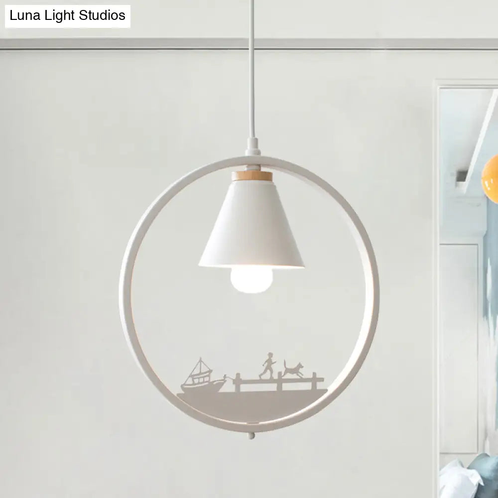 Nordic Style Pendant Lamp With Iron Cone Shade & Paper Cutting Decoration- Black/White 1 Bulb