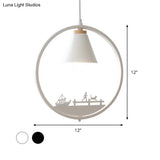 Nordic Style Pendant Lamp With Iron Cone Shade & Paper Cutting Decoration- Black/White 1 Bulb