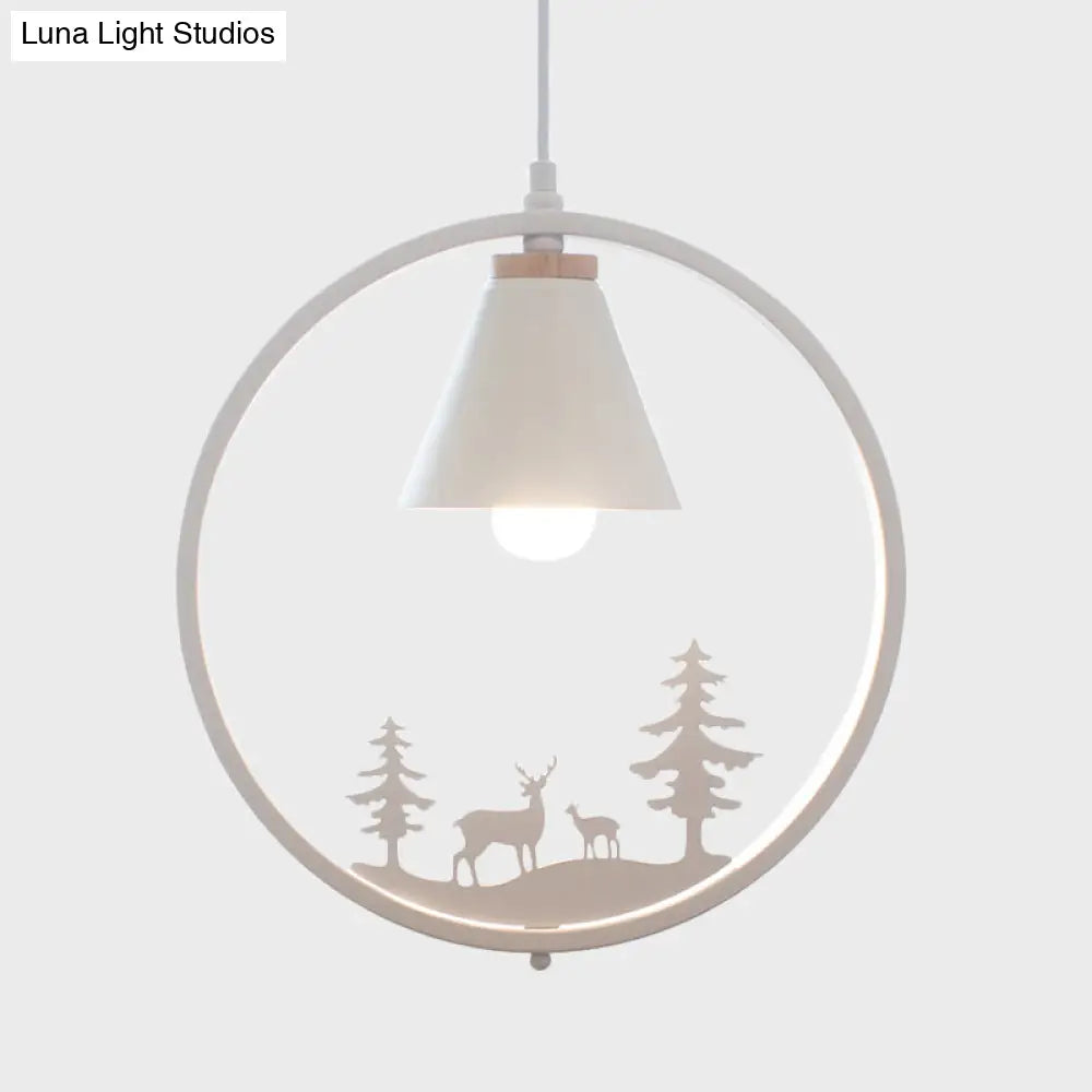 Nordic Style Pendant Lamp With Iron Cone Shade & Paper Cutting Decoration- Black/White 1 Bulb