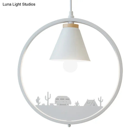 Nordic Style Pendant Lamp With Iron Cone Shade & Paper Cutting Decoration- Black/White 1 Bulb