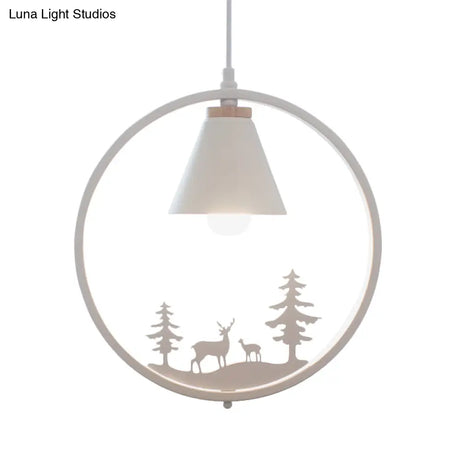 Nordic Style Pendant Lamp With Iron Cone Shade & Paper Cutting Decoration- Black/White 1 Bulb
