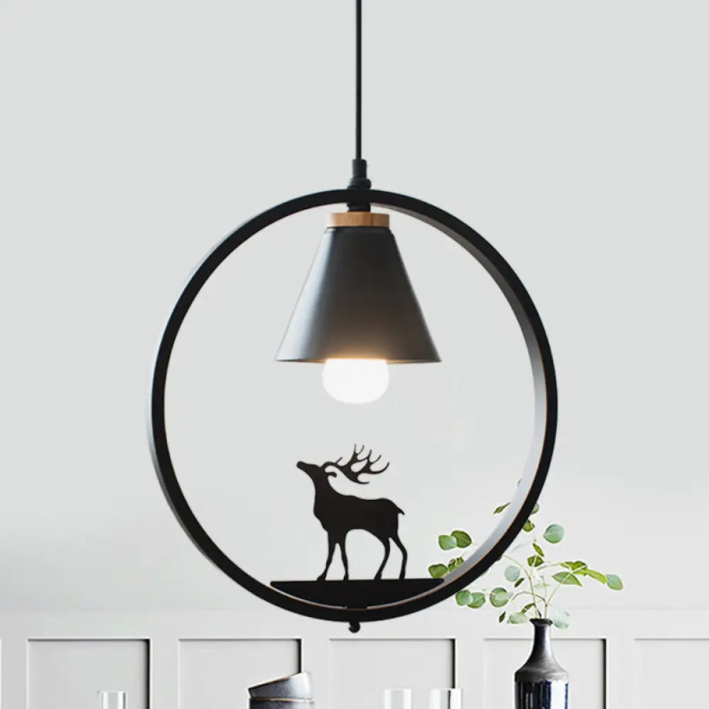 Nordic Style Pendant Lamp With Iron Cone Shade & Paper Cutting Decoration- Black/White 1 Bulb Black