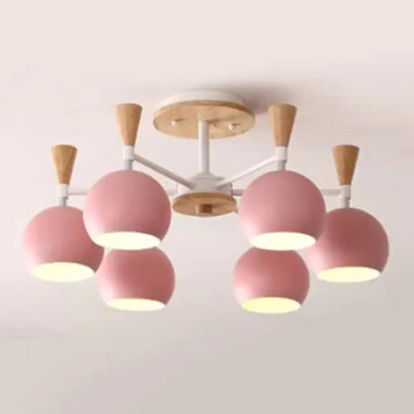Nordic Style Wood And Metal Ceiling Light 3-Light Semi Flush Mount With Orb Shade For Kids Bedroom