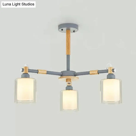 Nordic Style Wood & Glass Cylinder Chandelier With 3 Heads - Ideal Hanging Light For Hallway Or Kids