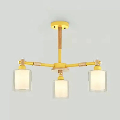 Nordic Style Wood & Glass Cylinder Chandelier With 3 Heads - Ideal Hanging Light For Hallway Or Kids