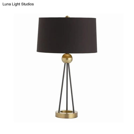 Nordic Tripod Table Lamp: Minimalistic Black Metal Nightstand Light With Drum Fabric Shade