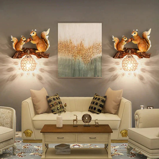 Nordic  Vintage Style Resin Squirrel Crystal Led Wall Lamp