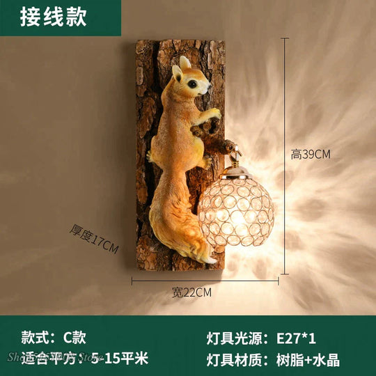Nordic Vintage Style Resin Squirrel Crystal Led Wall Lamp