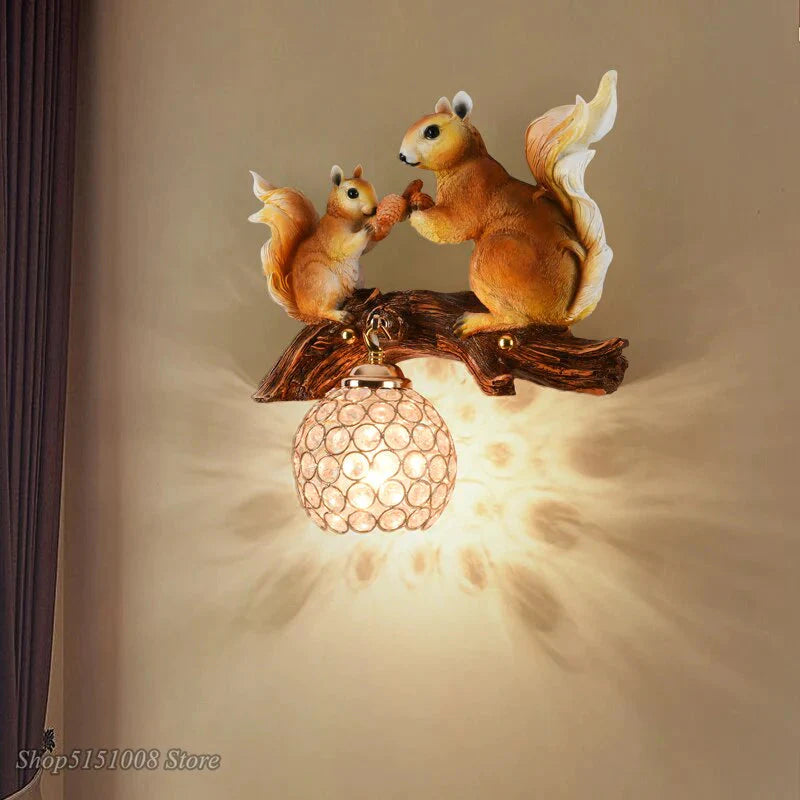 Nordic  Vintage Style Resin Squirrel Crystal Led Wall Lamp