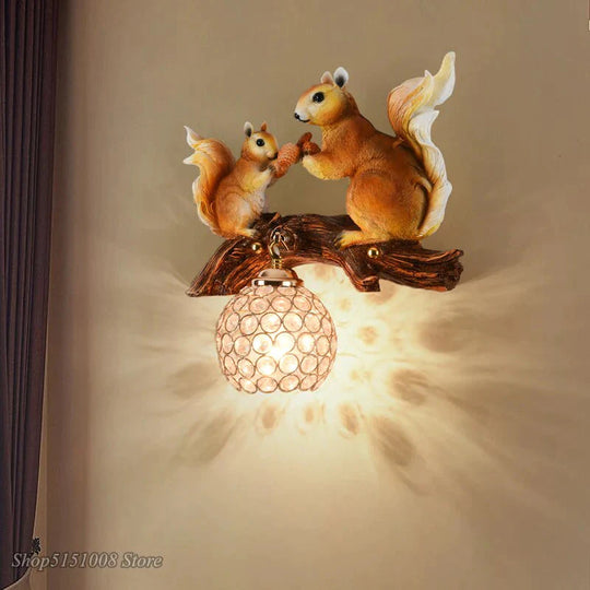 Nordic  Vintage Style Resin Squirrel Crystal Led Wall Lamp