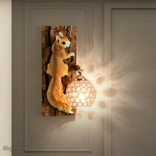 Nordic  Vintage Style Resin Squirrel Crystal Led Wall Lamp