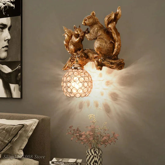 Nordic  Vintage Style Resin Squirrel Crystal Led Wall Lamp