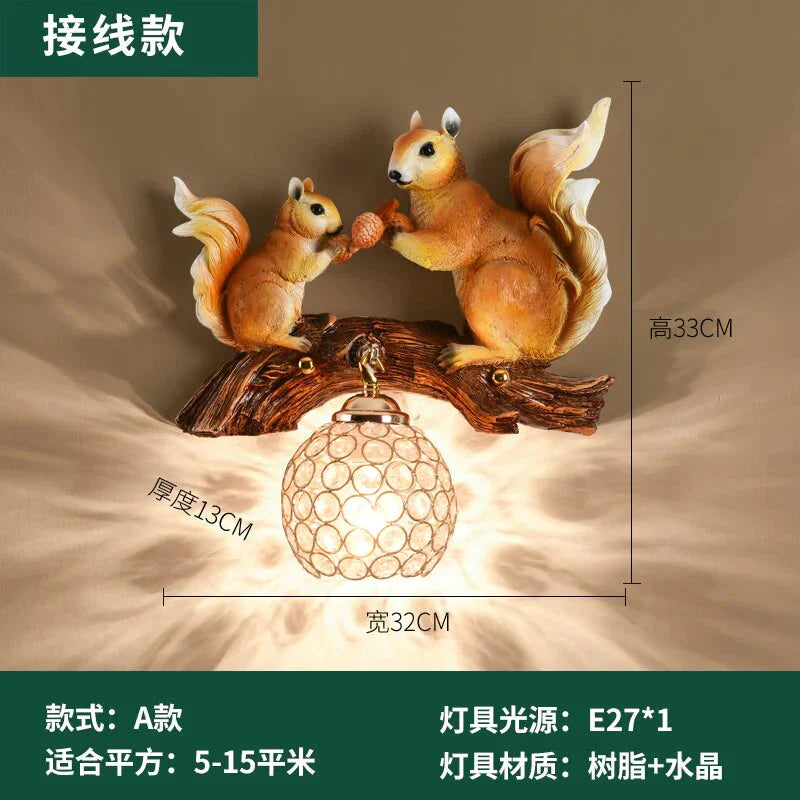 Nordic  Vintage Style Resin Squirrel Crystal Led Wall Lamp